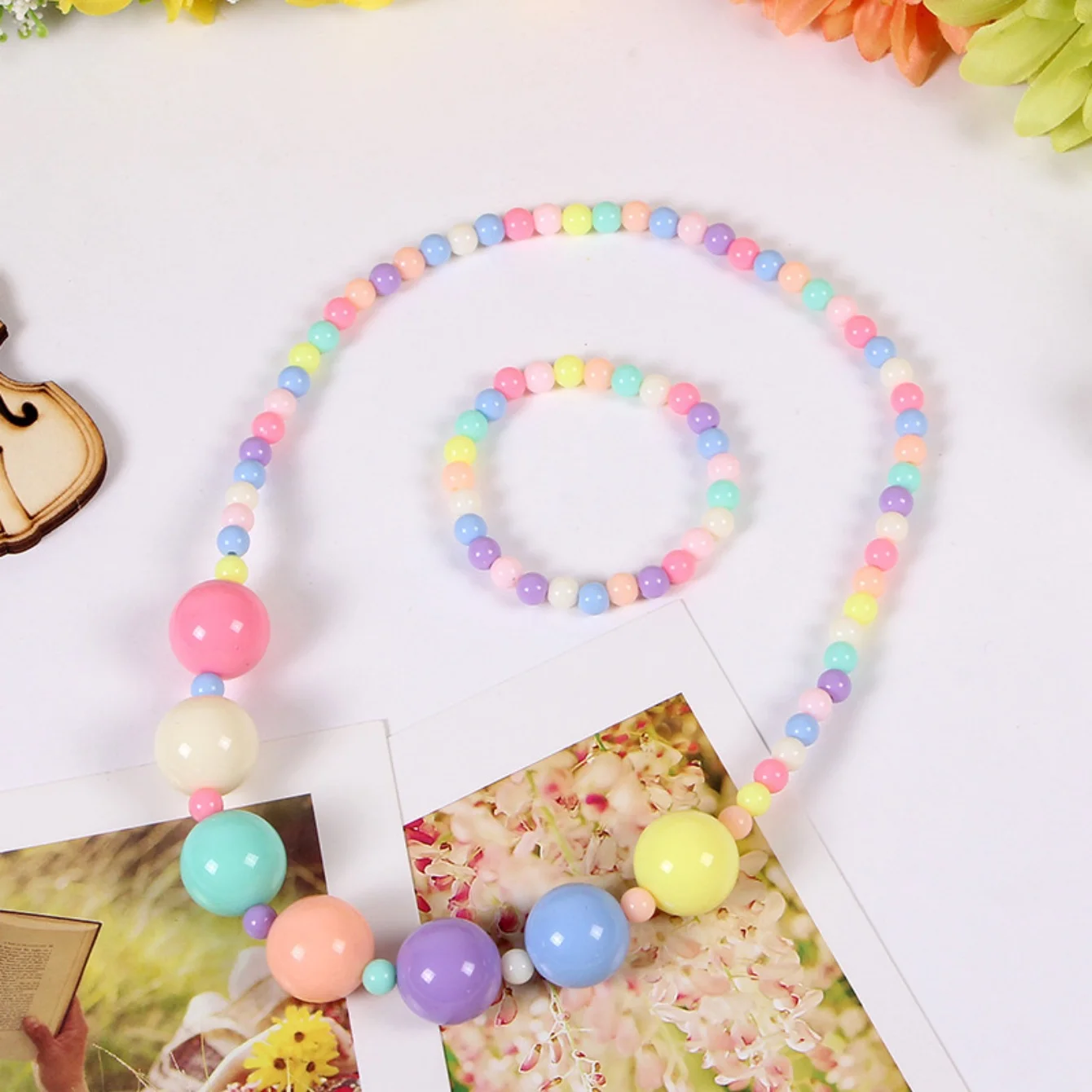 Candy Color Beads Necklace Bracelet Jewelry Flower Bow Strawberry Necklace Bracelet 2pc/set Children Party Girl Birthday Gift