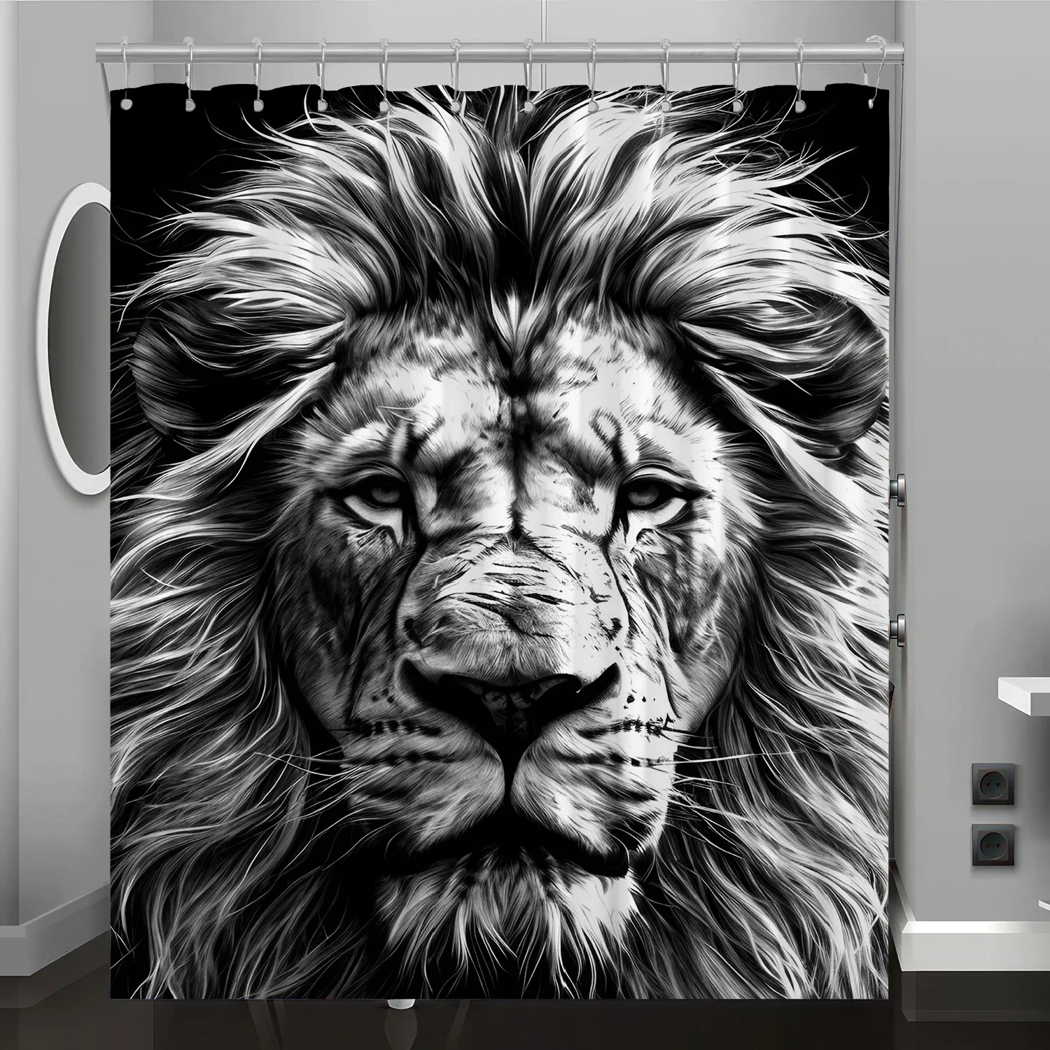 Lion motif digital print shower curtain