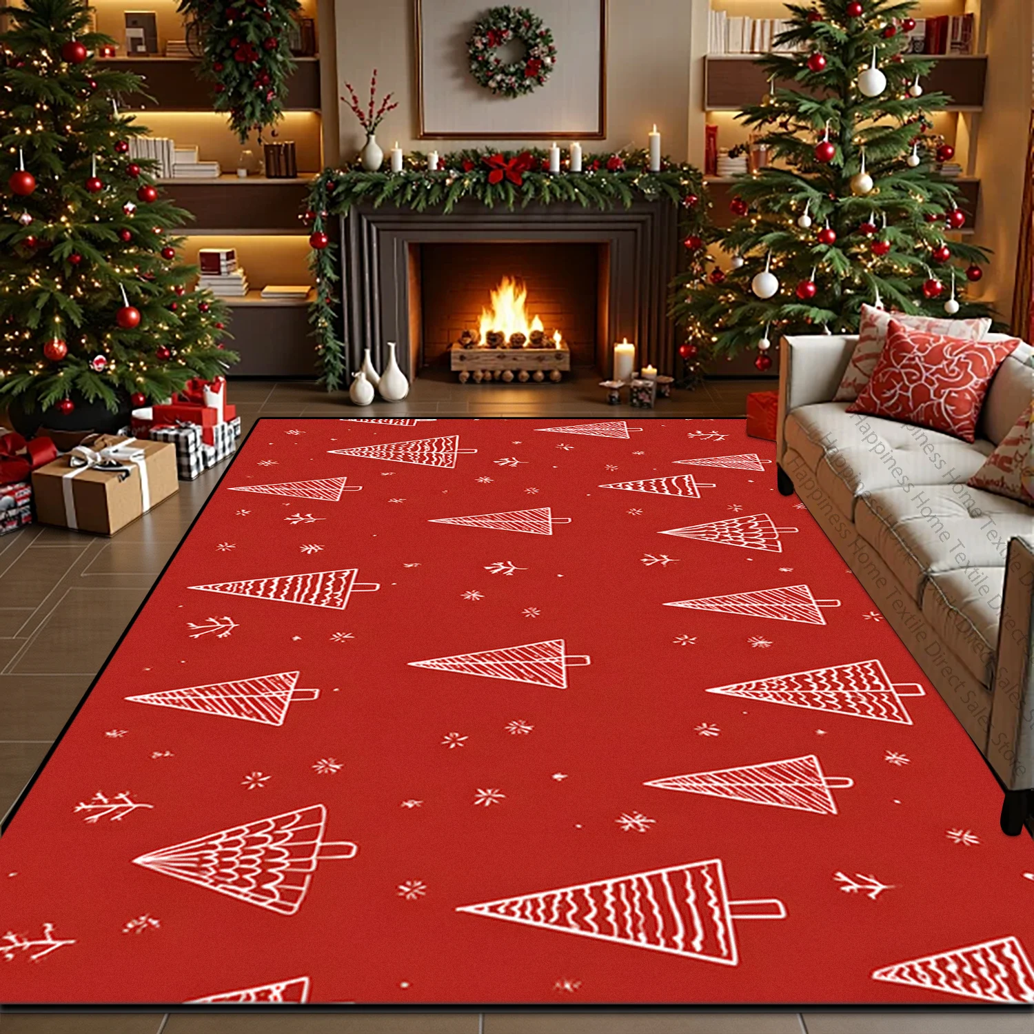 Red Christmas Tree Style Living Room Large Carpet American Antiskid Washable Bedroom Mat Soft Plush Holiday Home Decoration Rug
