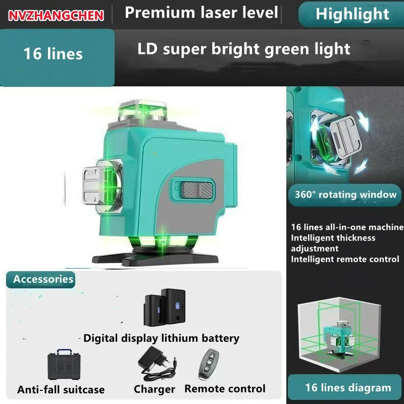 4d 16 linhas de linha verde laser nível controle remoto horizontal vertical instrumento medição laser ferramentas construção nível laser