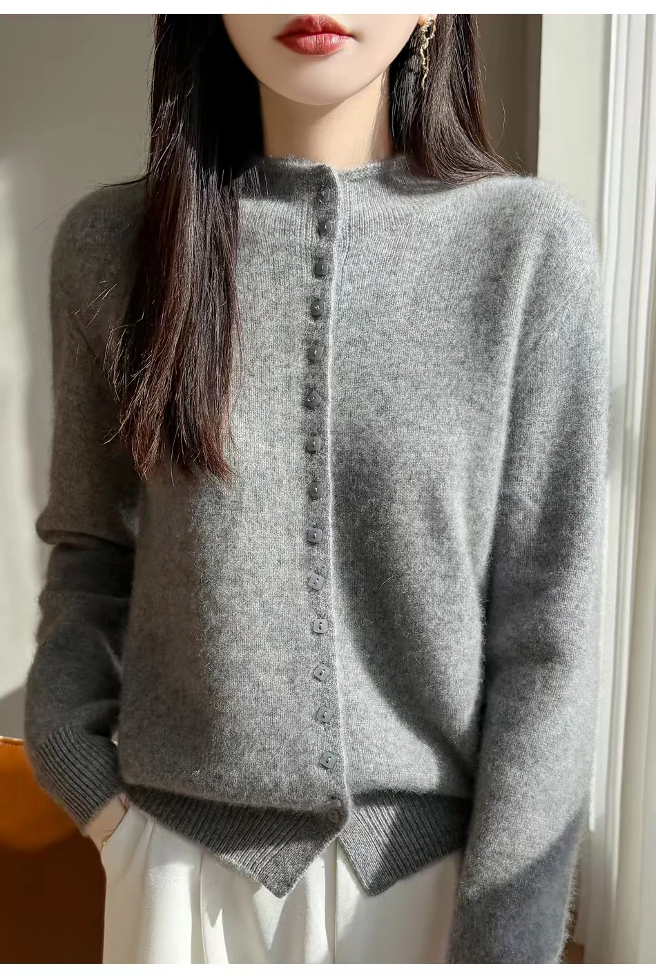 Pure cashmere knitted cardigan women's old money wind half-high collar with high-grade sweater coat