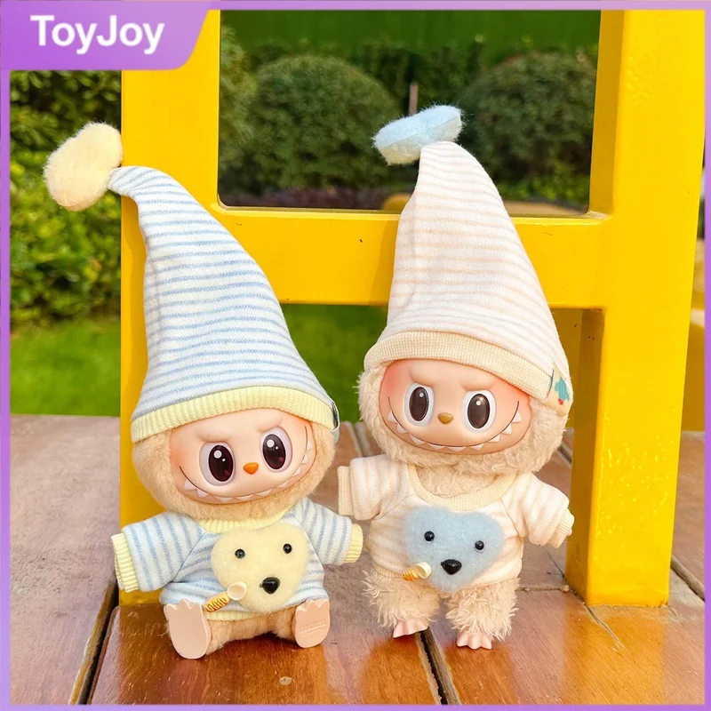 

Только одежда 17 см, одежда Labubu, шляпа, пижамный комплект для V1 V2 V3 Labubu, милый сменный наряд, аксессуары, кукла, желтый, синий комплект одежды