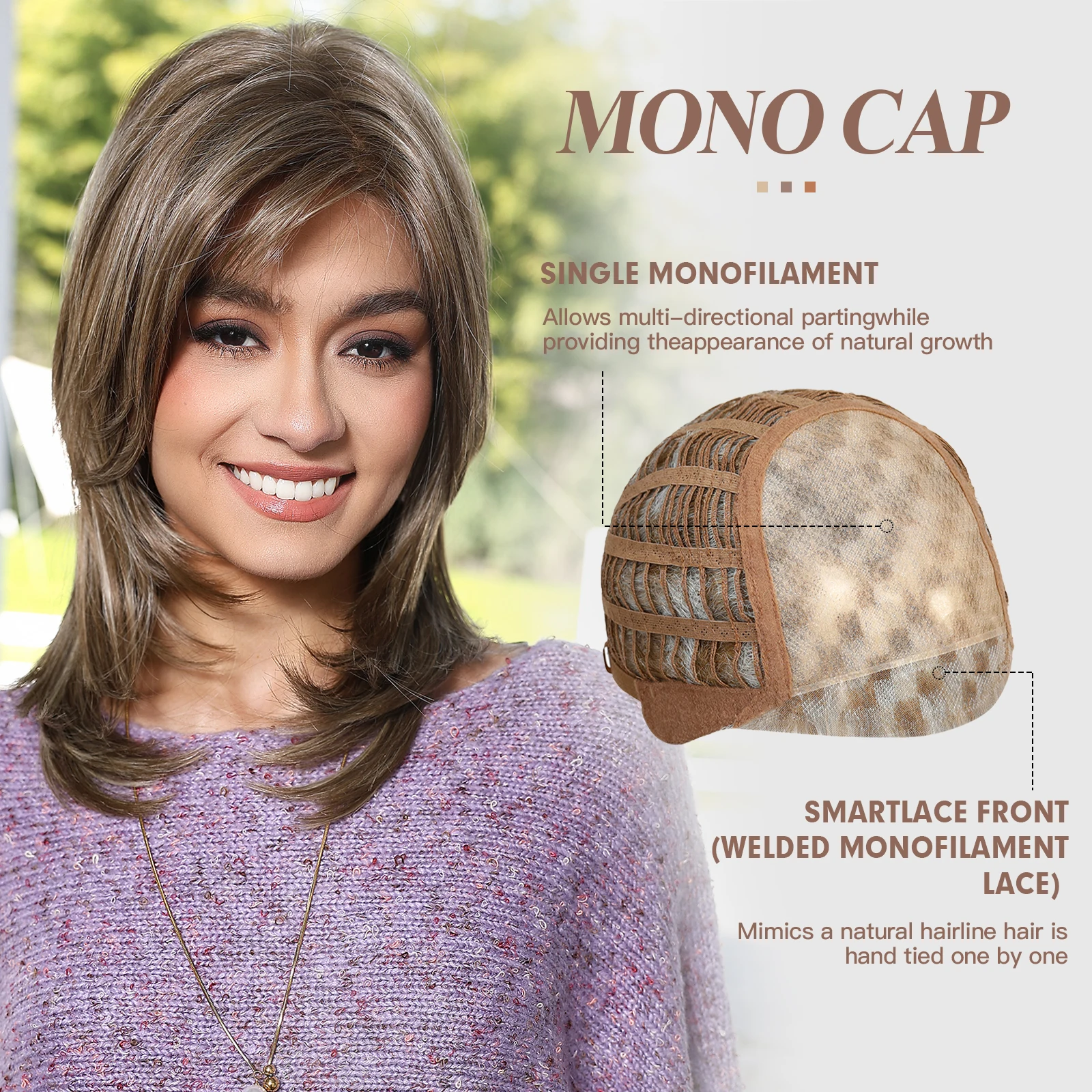 MONO Lace Front Synthetic Wigs Straight Gray Brown Blonde Wigs for Women Middle Length Natural Layered Wigs with Bangs Daily Wig