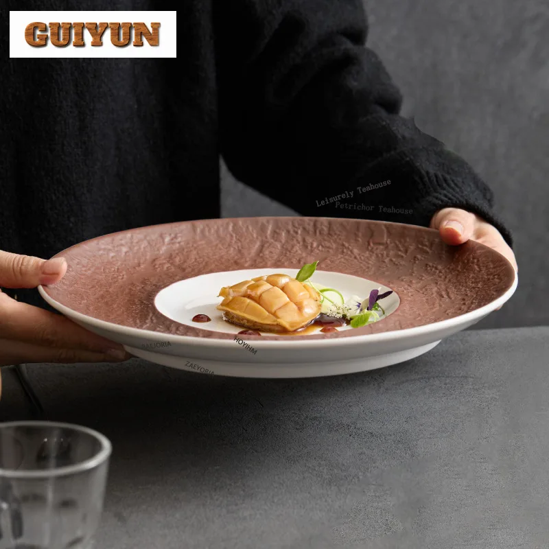 HOYIHM Carved Texture Coffee-brown Concave Edge Serving Plate Food Plate Serving Tray Dish Pasta Noodle Tray Kitchen Cutlery
