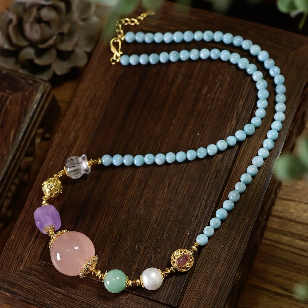 

Natural Larimar Necklace, Pink Quartz Pendant Purple Jade Pearl Jadeite Clear Crystal 925 Silver, Multi-Gemstone Chinese Jewelry