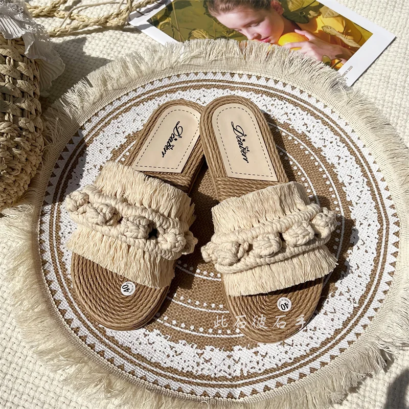 FHC 2024 New Macrame Hand Made Women Slippers,Casual Flax Slides,Summer Flats Shoes,36-40,Black,White,Beige,Apricot,Dropship