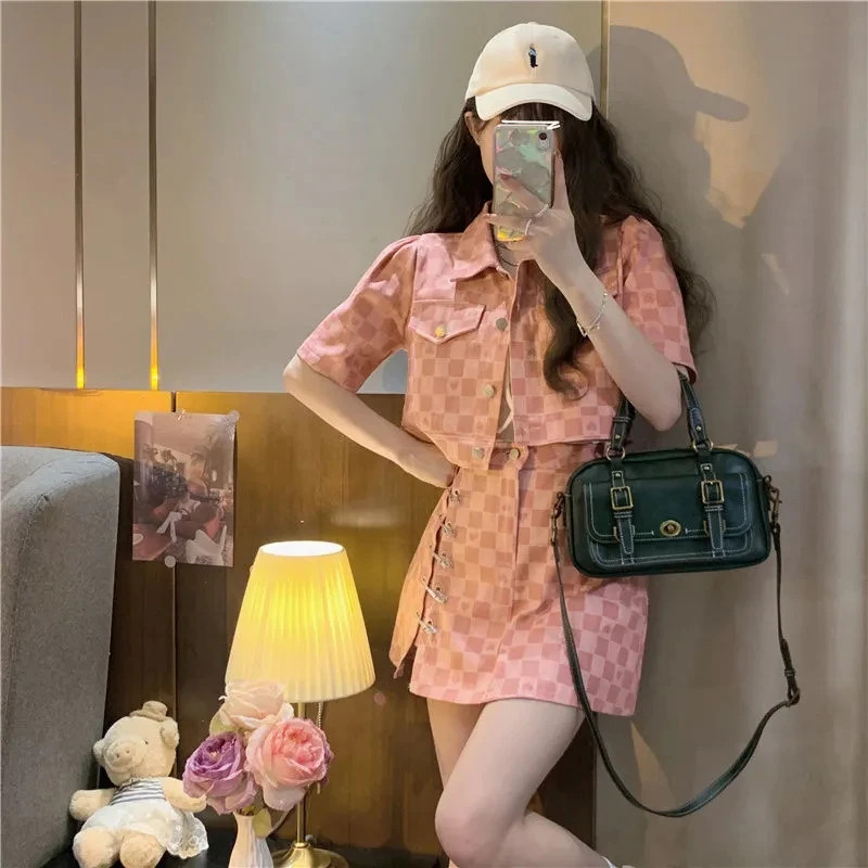 Summer Sexy Plaid Skirt Suit Women 2 Piece Set Korean Style Short Sleeve Cropped Jacket And Design Pin A-Line Mini Skirt Outfits