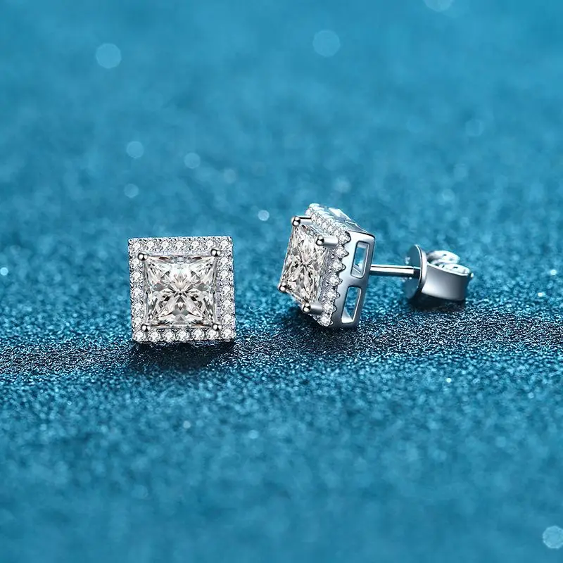 18K gold stud earrings with micro-set diamonds, four prongs, 1 carat, 2 carats, PT950 platinum special-shaped moissanite