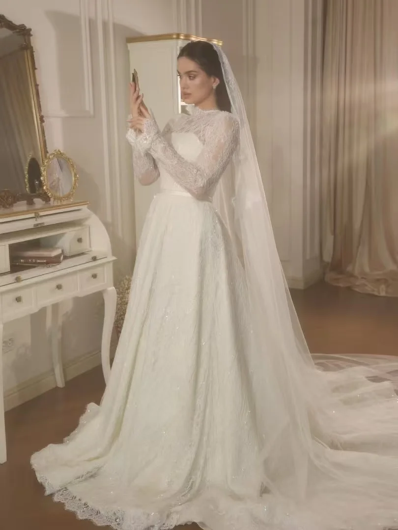 Customized Elegant Lace Wedding Dress A-Line High Neck Long Sleeves Bridal Dress for Bride Romantic Robe De Mariée