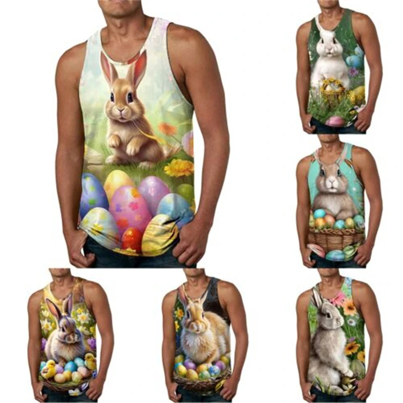 Male Easter Digital Rabbit 3D Printed Tank Top Gym Clothing Men Casual Fashion Tops Sleeveless Streetwear Vest Tees Men Clothing