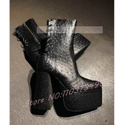 Ostrich Leather Pattern Round Toe Boots Women Fashion Platform Lace-up Chunky Heels Footwear Female Punk Lolita Ankle Boots