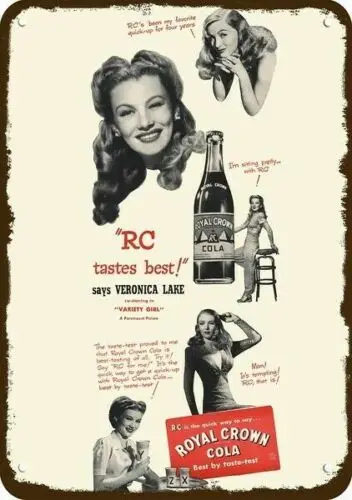 1p, 1947 VERONICA LAKE ROYAL CROWN RC COLA Vntg-Look réplica decorativa letrero de METAL