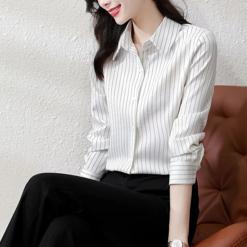 

Office Lady Striped All-match White Blouse Spring Autumn Long Sleeve Polo Neck Vintage Shirt Tops Elegant Fashion Women Clothing