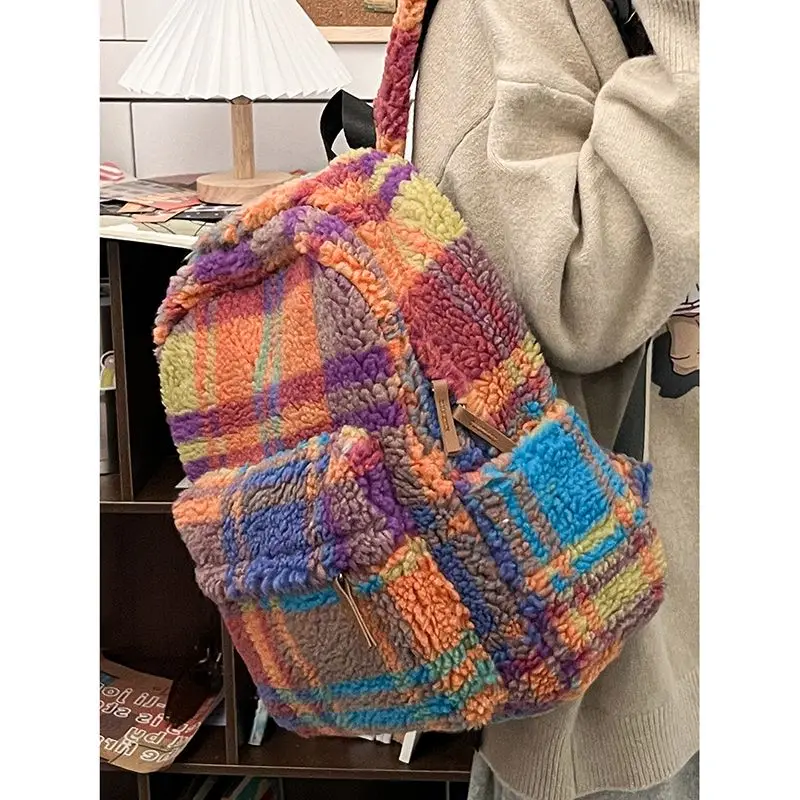 

New plaid lamb cashmere red retro backpack bag travel mobile phone coin purse