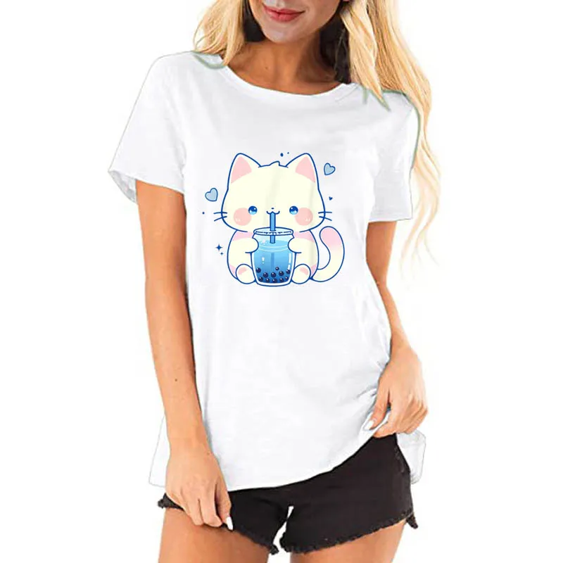 

Kawaii Cat Boba Japanese Cute Aesthetic Anime Girls Teens T-Shirt Funny Kitty Cartoon Graphic Outfit Short Sleeve Blouses Gifts