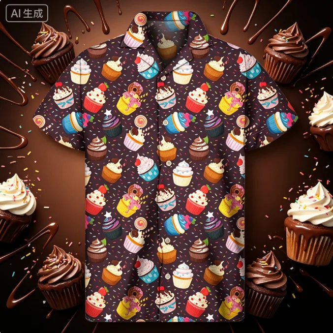 Summer Street Loose Tees Button Short Sleeves Blouse Cartoon Cupcake Graphic Hawaiian Shirts For Men 3D Print Food Lapel Shirt