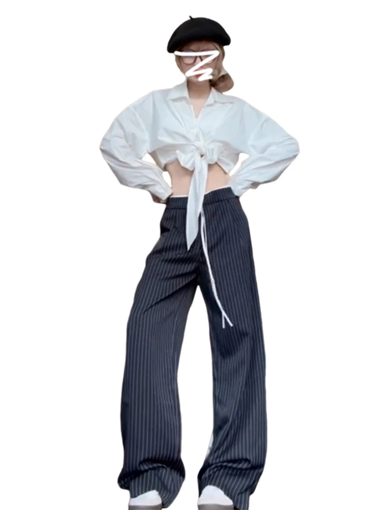 ブルーストライプのゆったりとしたカジュアルなワイドレッグスーツパンツ、女性用、秋の新作、BF風、ゆったりとしたロングパンツ、ハイウエストロングパンツ