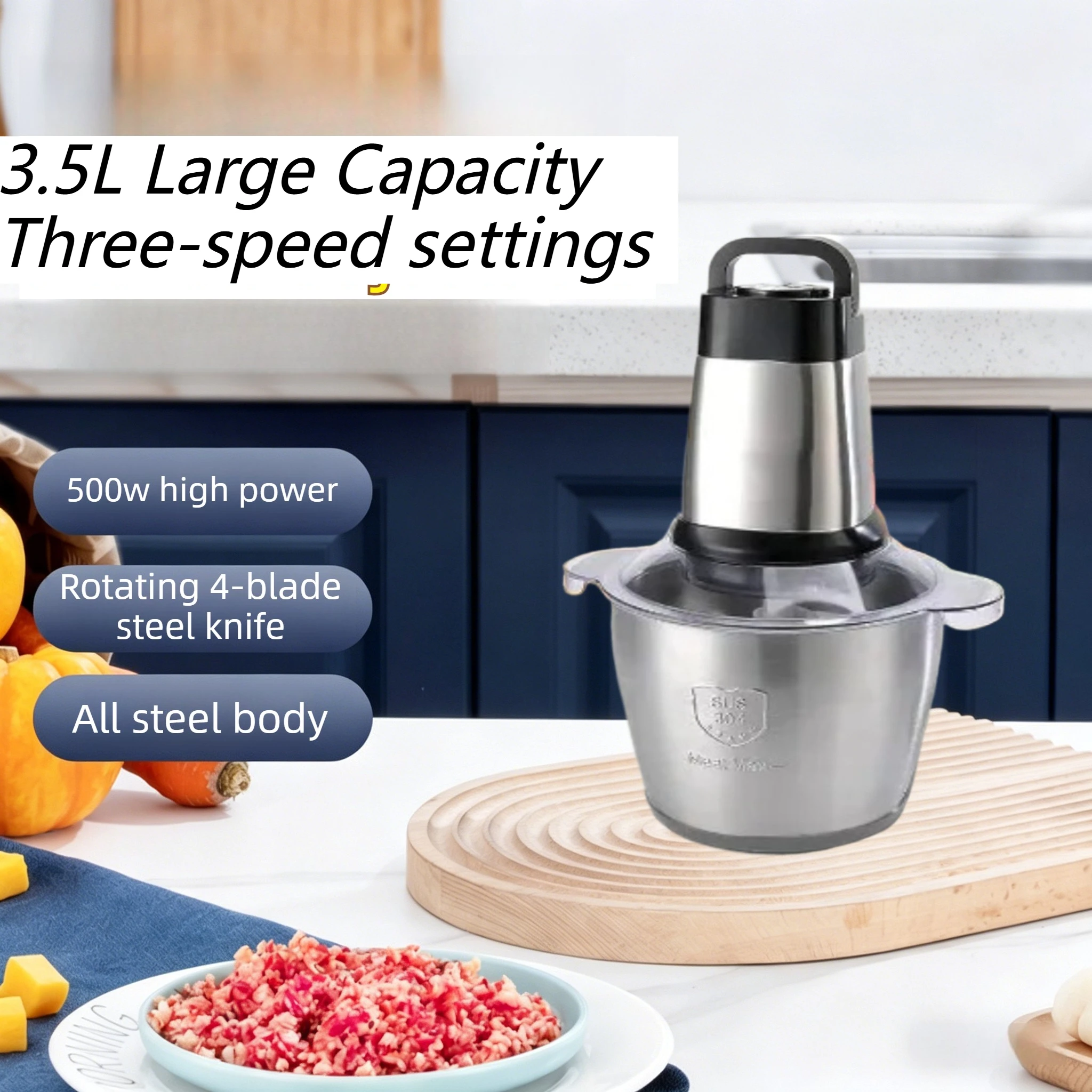 

110V Meat Mincer 3.5L Large Capacity 500W Electric Fully Automatic High-Speed 3-Speed Adjustable Multi-Function Food Processor