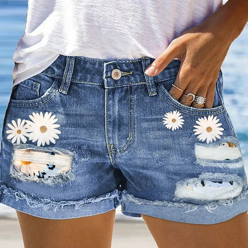 Women's Clothing Street Summer Denim Shorts Sexy Floral Flower High Waist Shorts Pants Ripped