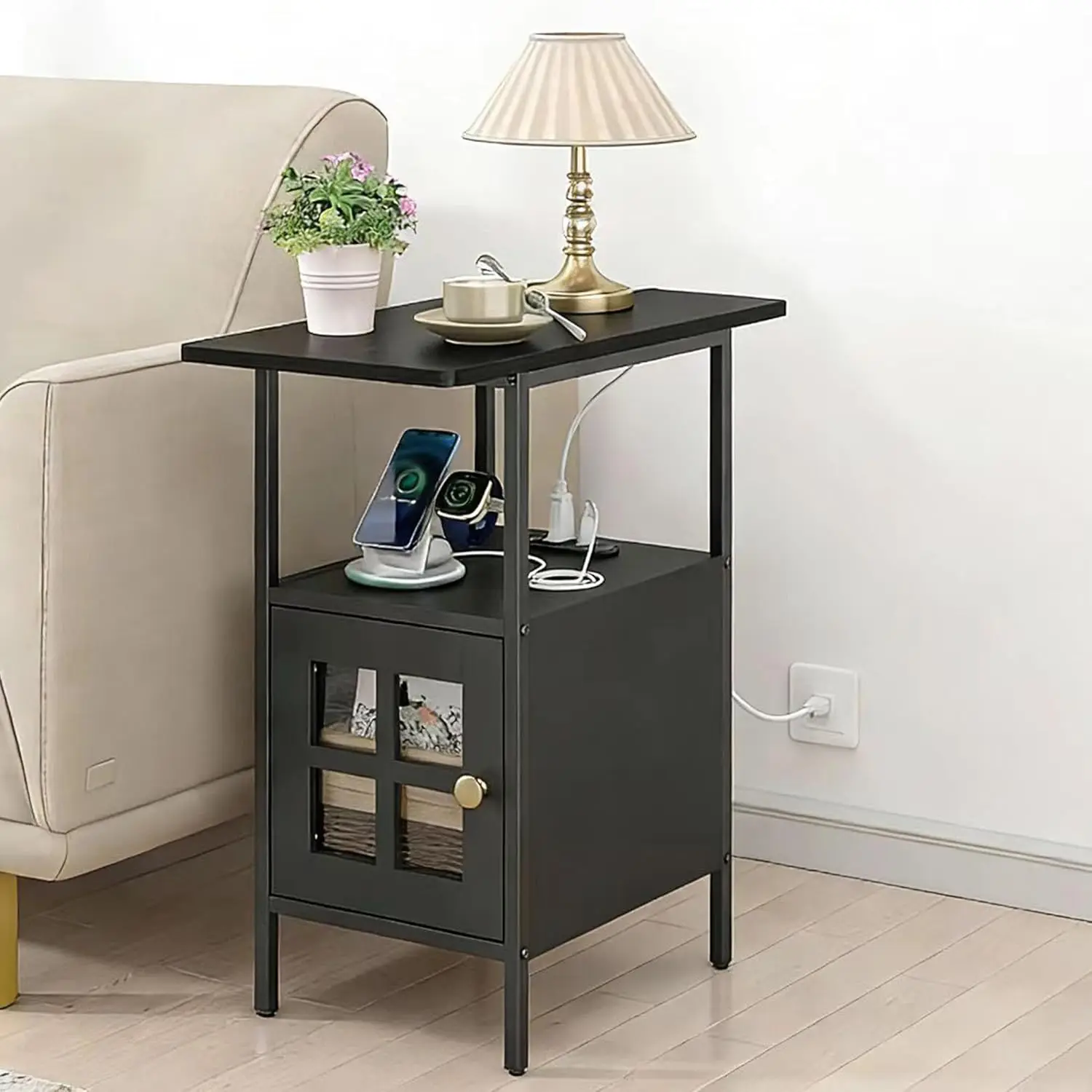 

Farmhouse Narrow Side Table with Charging Station - 3-Tier End Table with USB & Outlets Compact Bedside Storage Table for Sma