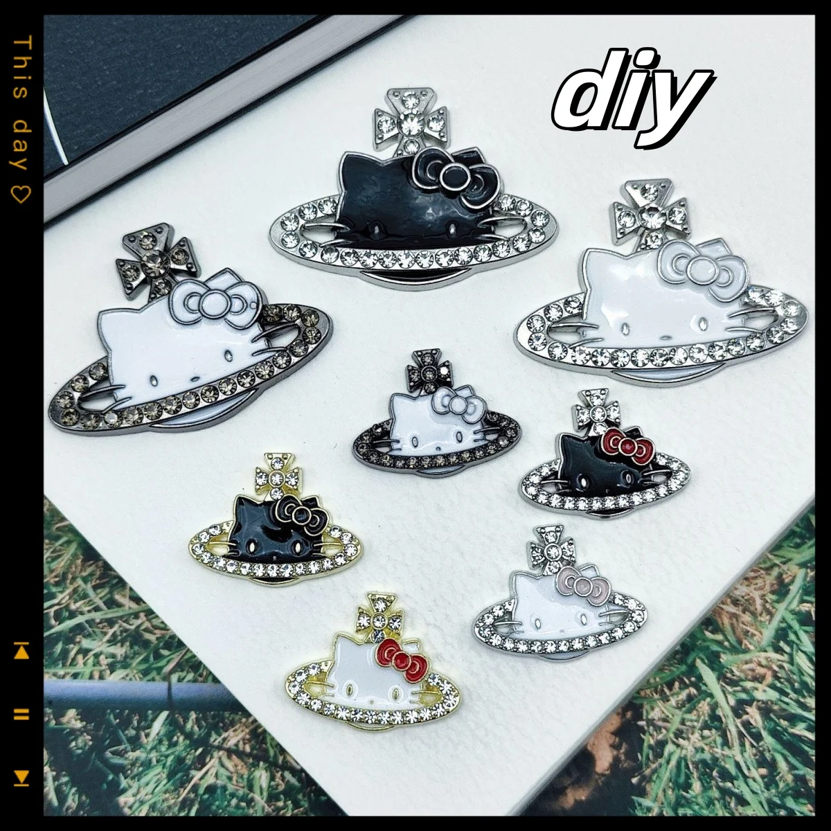 ハローキティのかわいいパッチ、漫画風ダイヤモンド合金製携帯電話ケースパッチデコレーション、DIY卸売、誕生日プレゼント、ハロウィン、かわいい