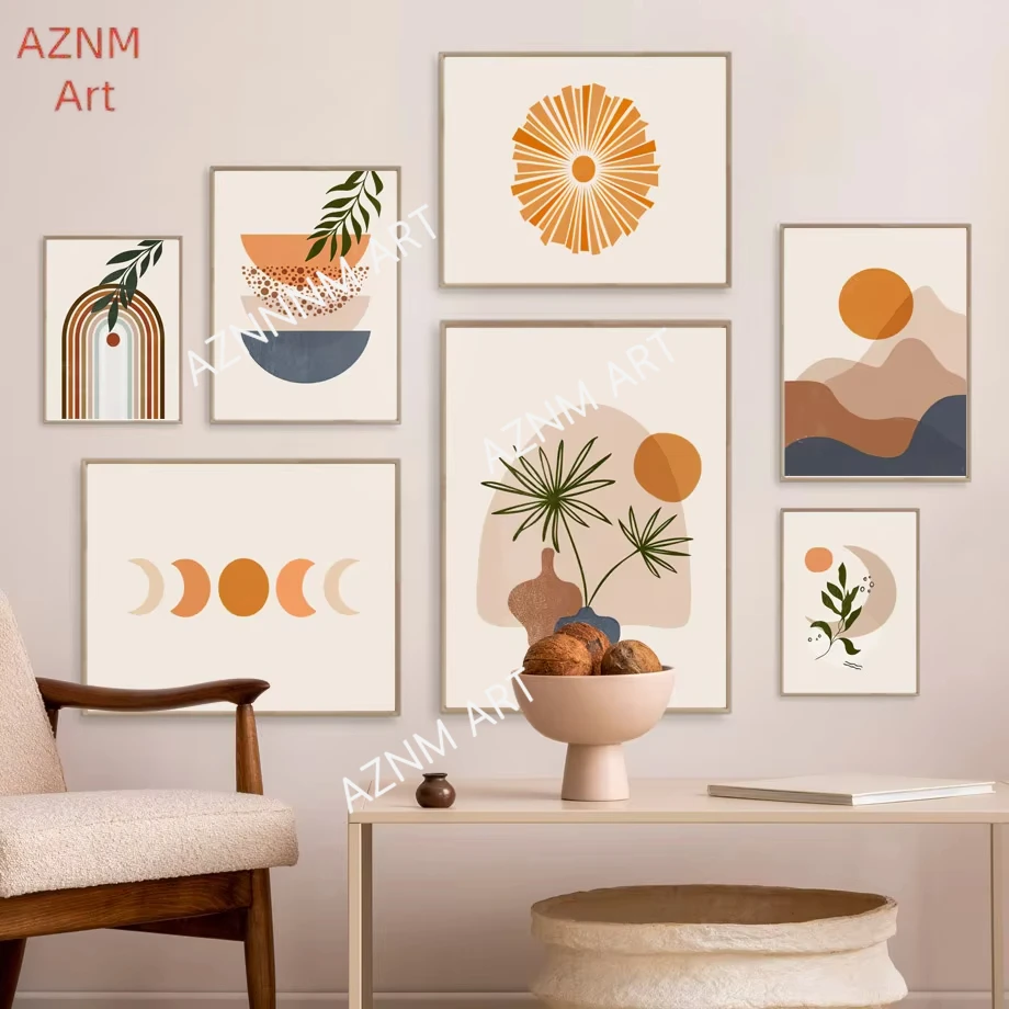 Boho abstrakte Geometrie Sonne Mond Blatt Landschaft Poster Druck Wand Kunst Leinwand Malerei Kunst Wandbild Bild Wohnzimmer Home Decor