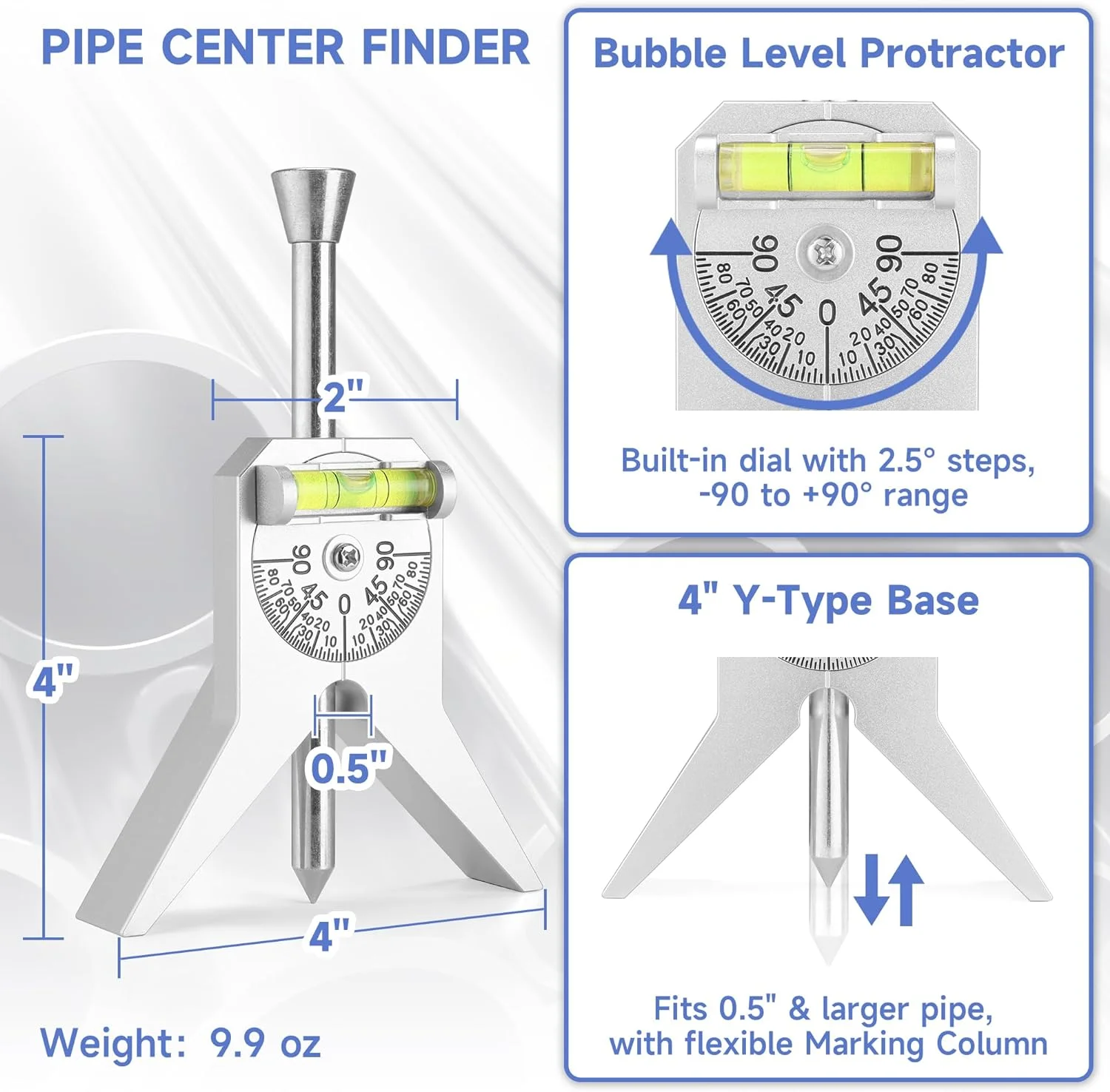 Pipe Center Finder Measure Adjustable Dial Bubble Protractor Measure Pipe Diameter Over 1/2