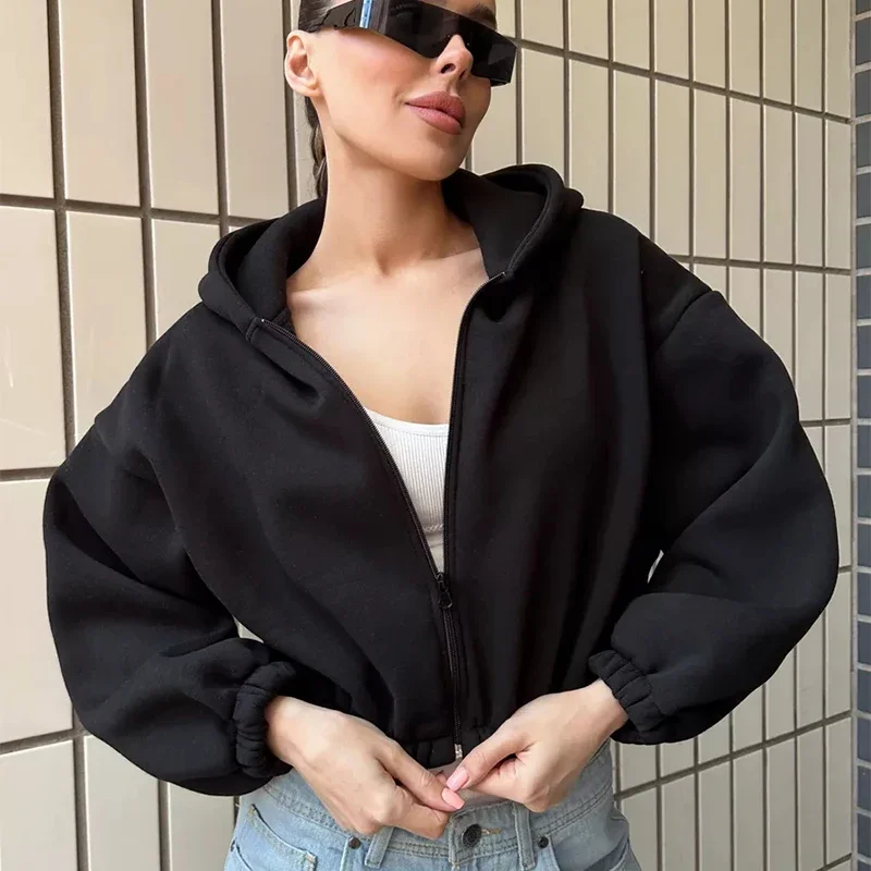 Autumn Women\'s Fashion Short Jacket Y2k Solid Color Short Cardigan Zipper Hoodie Long Sleeve Loose Coat Women\'s Sweatshirt