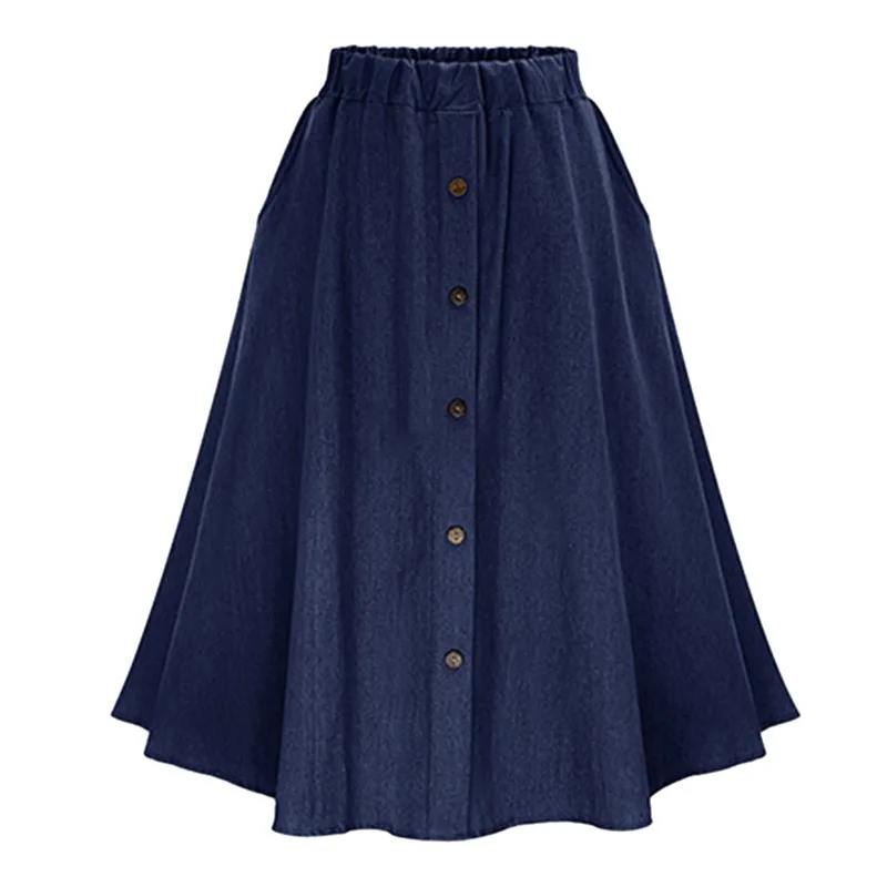 Women\'s High Waist Button Pleated Midi Skirt With Elastic Waist Midi Denim Skirt Button Front Loose Skirts