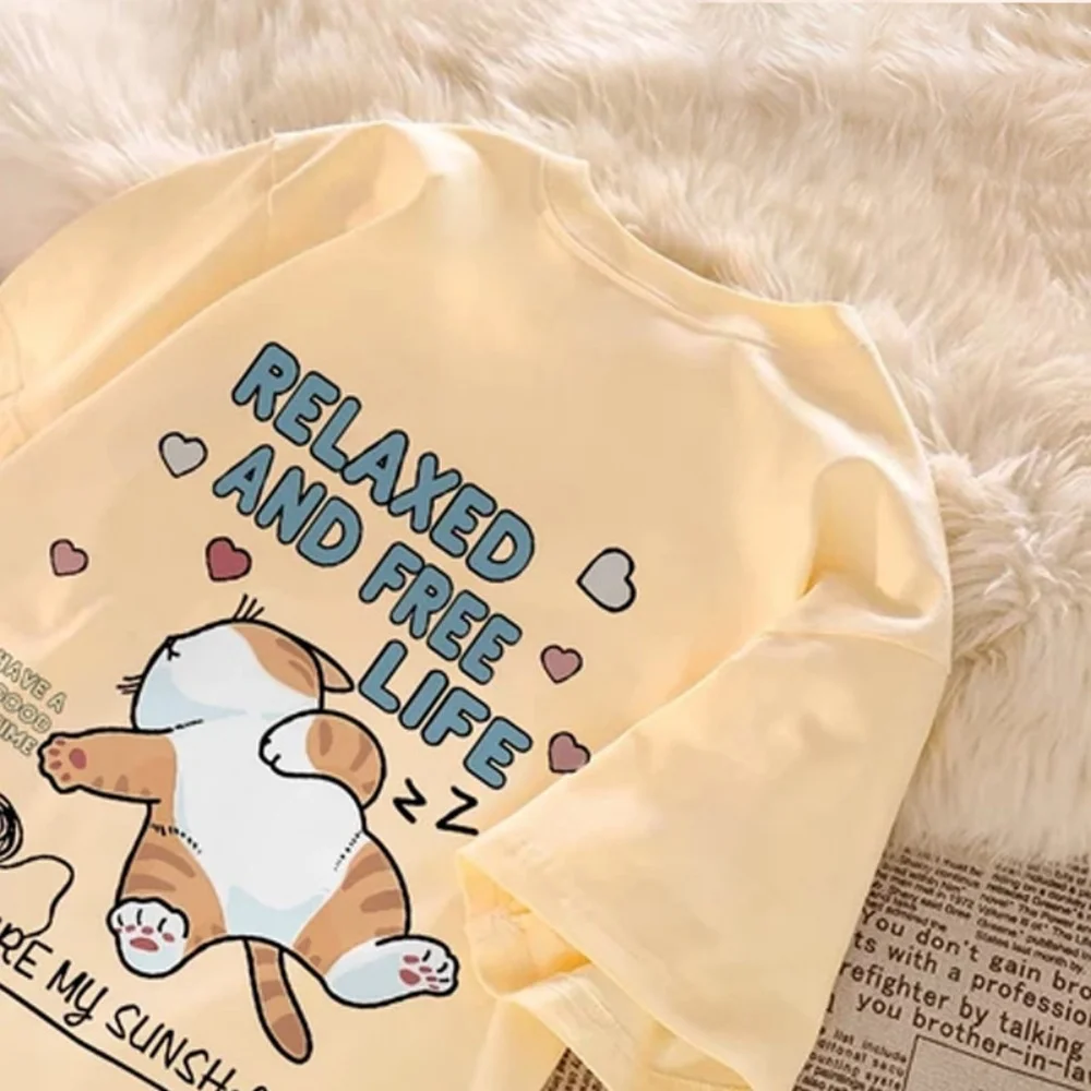 

Cute Cartoon Lazy Cat Letter Print Summer Couple Short Sleeved T-shirt - Loose Casual Women's Top, Soft Fabric Trendy Daily Wear