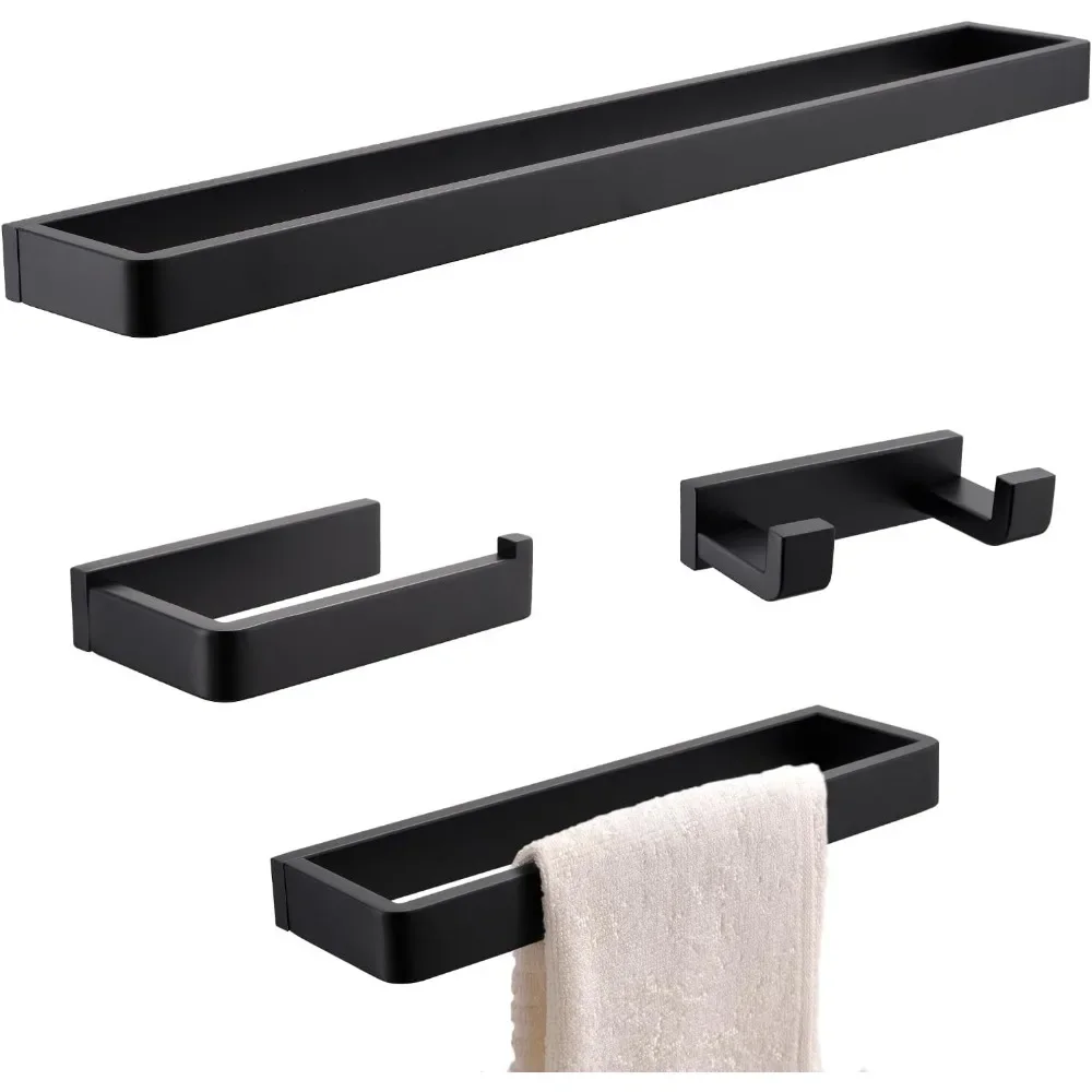 HOHardware-Ensemble d'accessoires muraux en acier inoxydable, porte-serviettes noir, ensembles T1, kit d'anneaux de serviette carrés, 4 pièces