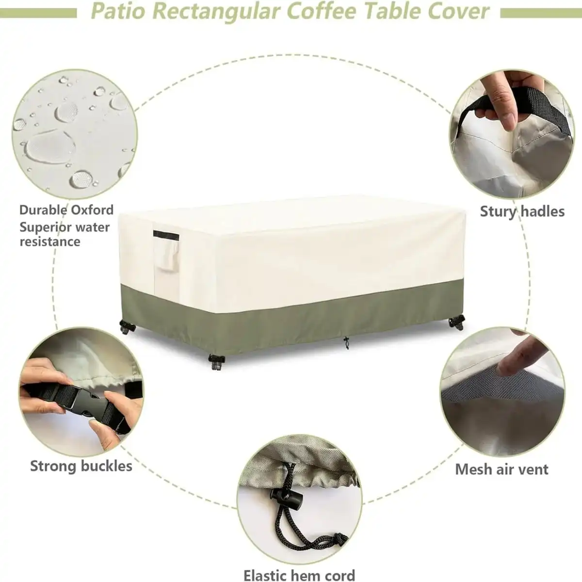 210D Oxford Rectangular Patio Coffee Table Cover, Two-Tone Waterproof Outdoor Side Table Protector, UV Dust Snow Cover with Air