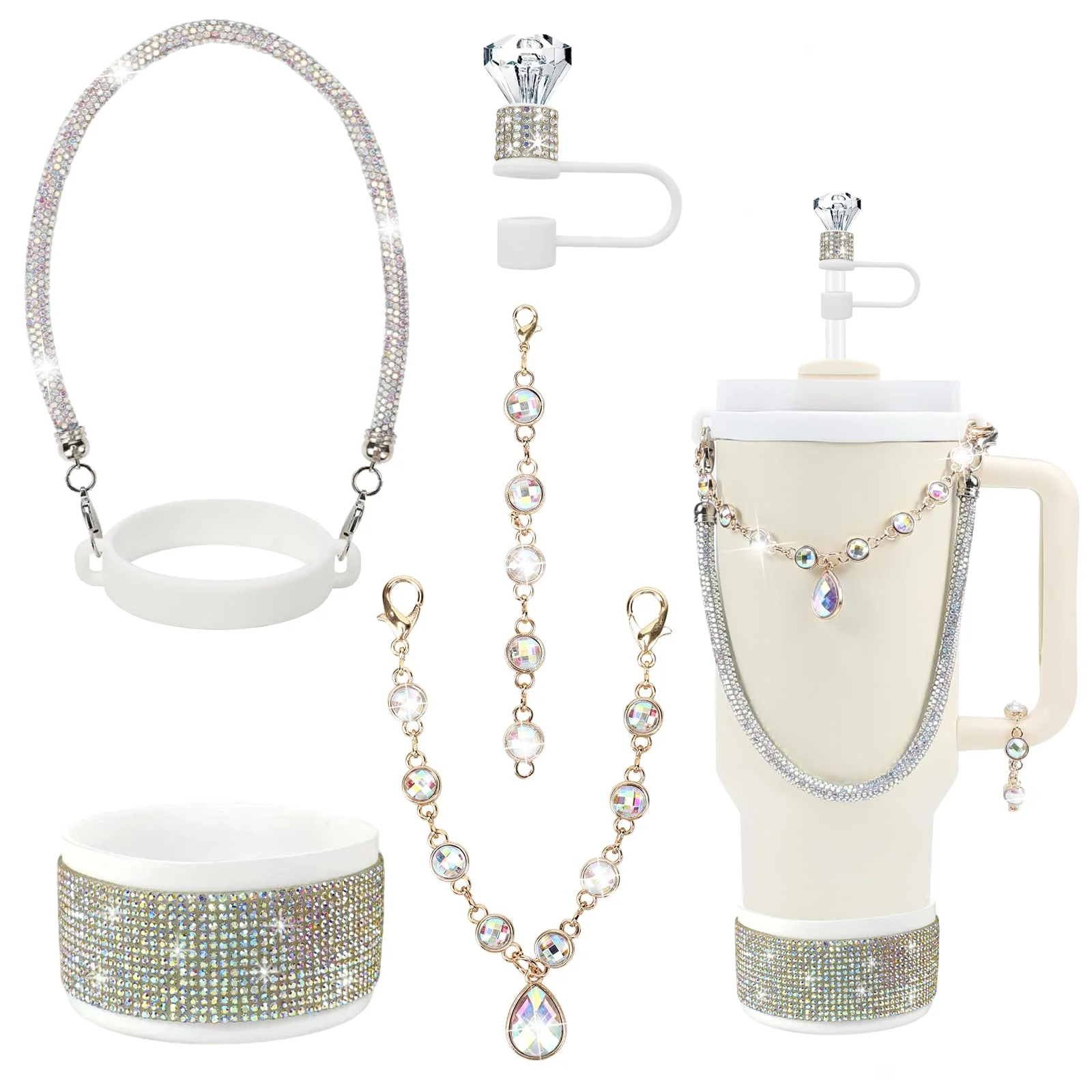 

A Set Of Cup Sleeve Accessories With Multiple Colors Of Diamond Straw Caps, Chain Hangers And Ornaments