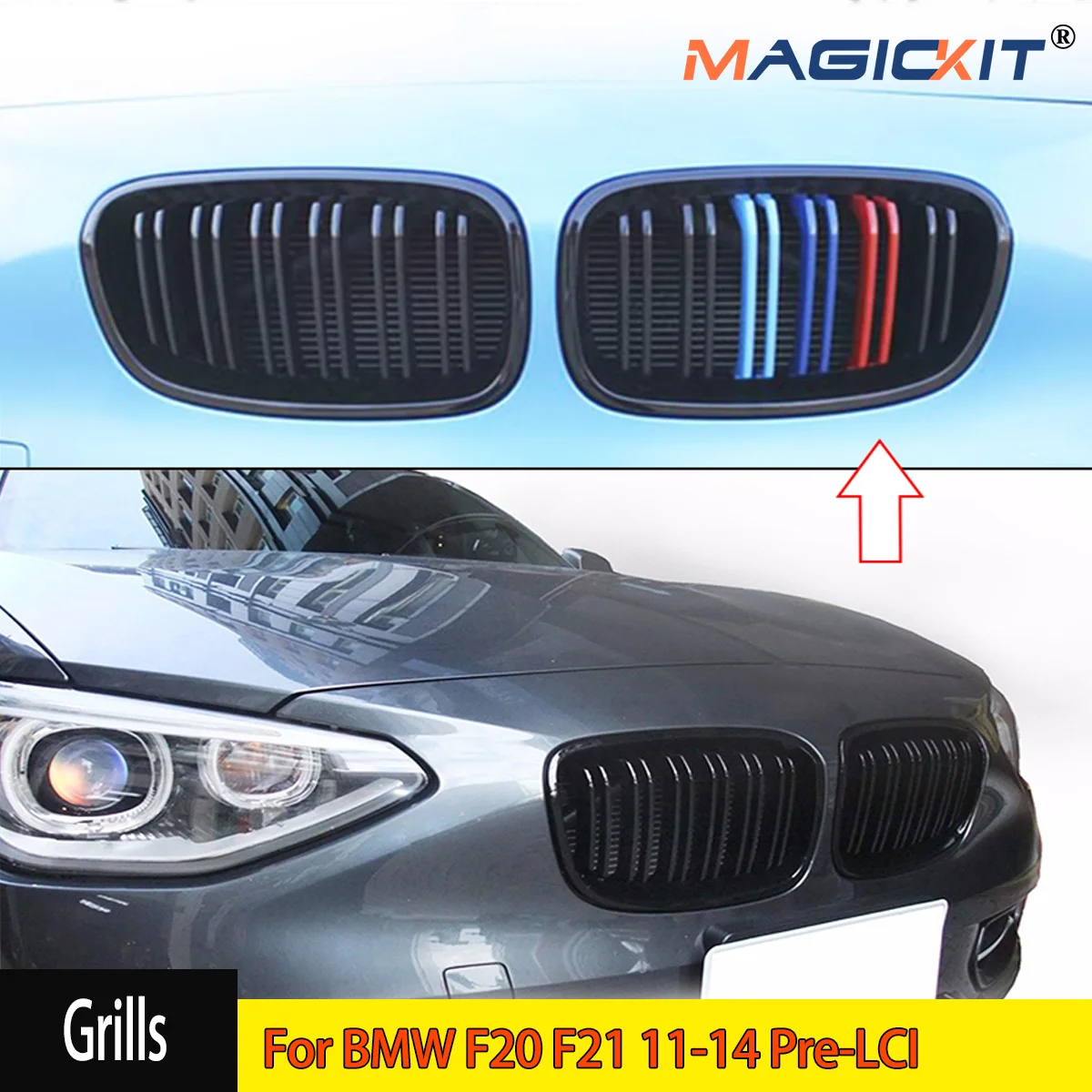 Shiny Black M Color Dual Slat Front Kidney Grilles For BMW F20 F21 11-14 Pre-LCI