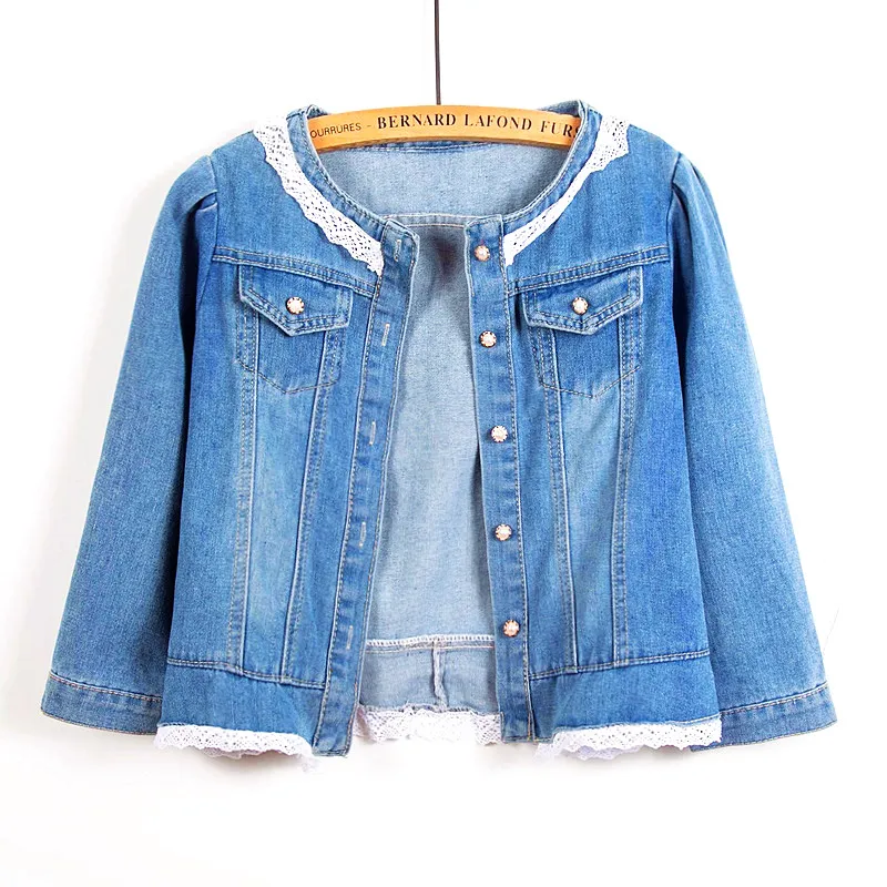 

S-6XL Women Denim Jackets O-Neck Lace Half Sleeve Patchwork Short Jacket 2023 Spring Summer Slim Outerwear Tops