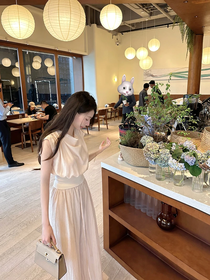 

CCZEE French Afternoon Tea Design Women's Top Short Waist-Cinching Sleeveless Pleated Strap Vest Summer Fashion Ladies' Vest