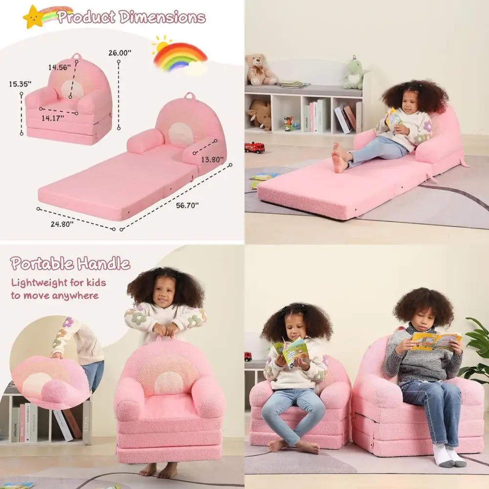 

Pink Sherpa Kids Sofa with Tri-Layer Foam, Ideal for Ages 3-6, Comfortable Seating