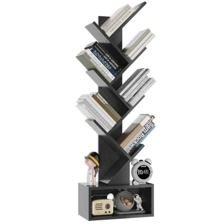 

6 Tier Tree Bookshelf Tall Bookcase Wood Book Storage Rack with Drawer Modern Floor Standing Book Shelf for Books/Movies/CDs Ut