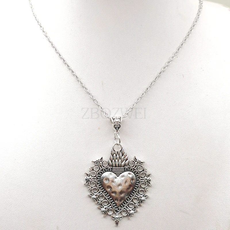 Sacred Flaming Hearts, Sacred Flaming Corazon, Ex-Votos Hearts, Mexican Milagros Necklace,Burning Heart Necklace,Gothic Jewelry,