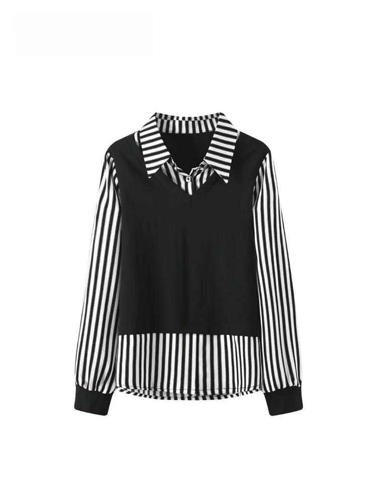 

plus Size Striped Patchwork Long Sve irt Women's Winter New Sle Casual Comfortable Breathable Polyester Fiber Top