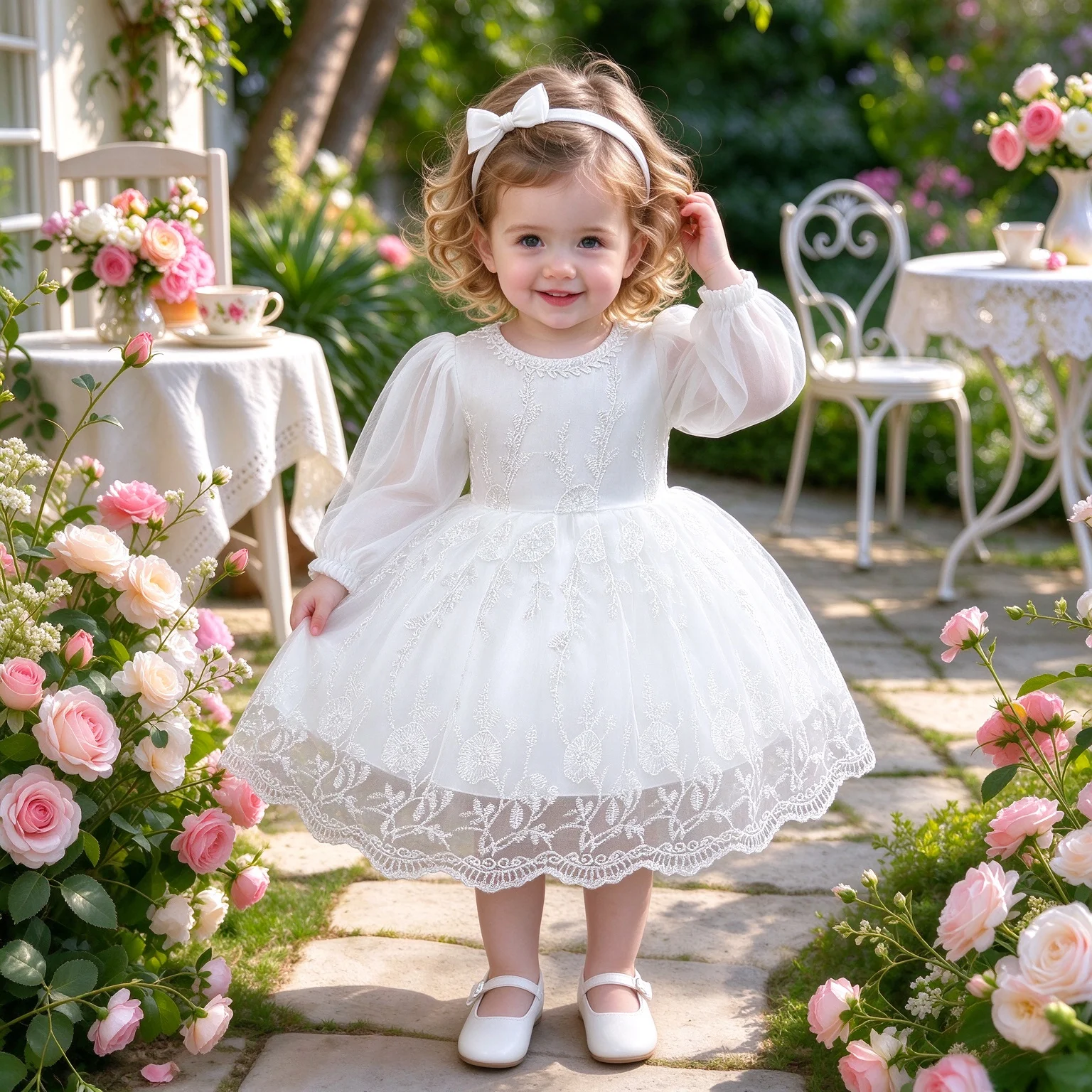 Long Sleeve Baptism Party Baby Girl Dress Toddler Flower Lace 1st Birthday Princess Prom Dresses Girls Bridesmaids Wedding Gown