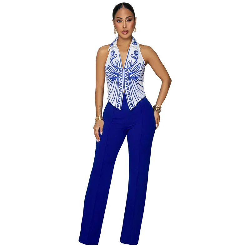 

Doyerl Elegant Vintage 2 Piece Set Woman Y2K Club Party Sleeveless Turn-down Collar Top and Wide Leg Pants Matching Sets Outfits