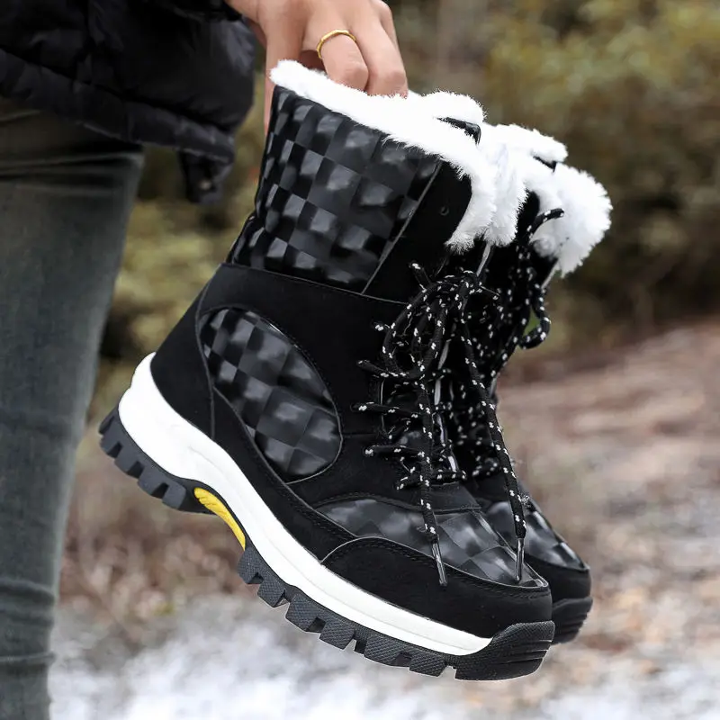 Winter Outdoor Snow Boots Women Waterproof Mid-tube Leather Top Warm High-top Anti-skid Boots with Wool Thickened Cotton Shoes