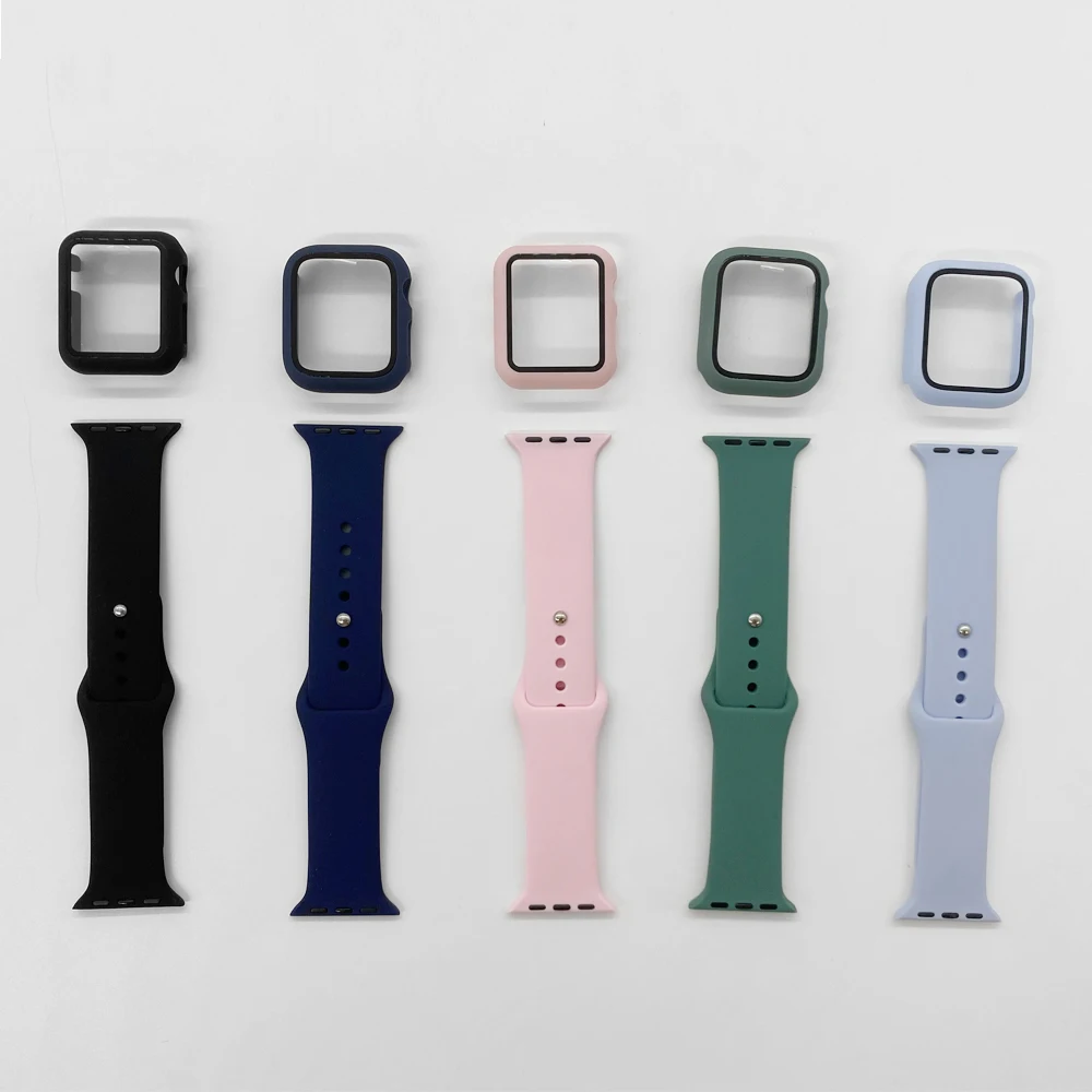 Glass+Case+watchbands For Apple Watch band 44mm 40mm 45mm 41mm 38mm 42mm Sports Silicone bracelet iWatch series 8 9 7 6 5 4 3 SE