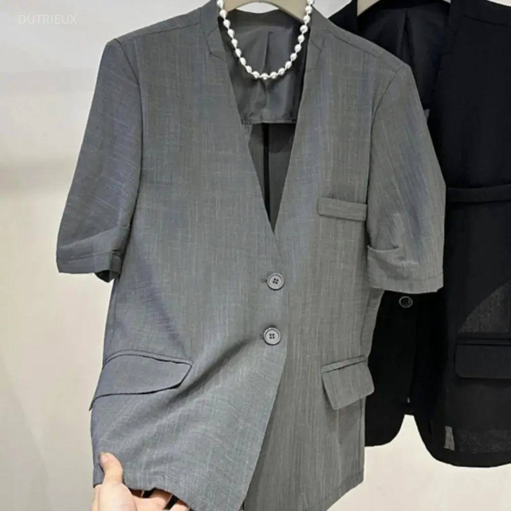 Chaqueta de Verano Nueva para Mujer 2026 con Cuello en V y Manga Corta, Traje Suelto de Una Sola Hilera de Botones, Prendas de Abrigo Casaco