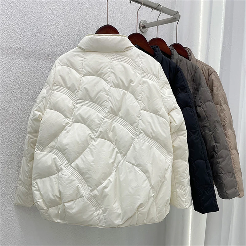 Winter Autumn Women Loose Padded Zipper Solid Color Jacket Stand Collar Casual All Match Warm White Duck Down Coat