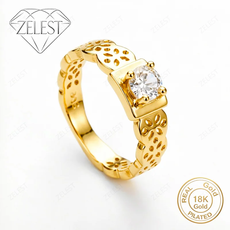 Plata 925 Chapada en Oro de 18K 8 #   Anillo de circonia hueco tallado para mujer, accesorios de regalo para fiesta, joyería de moda