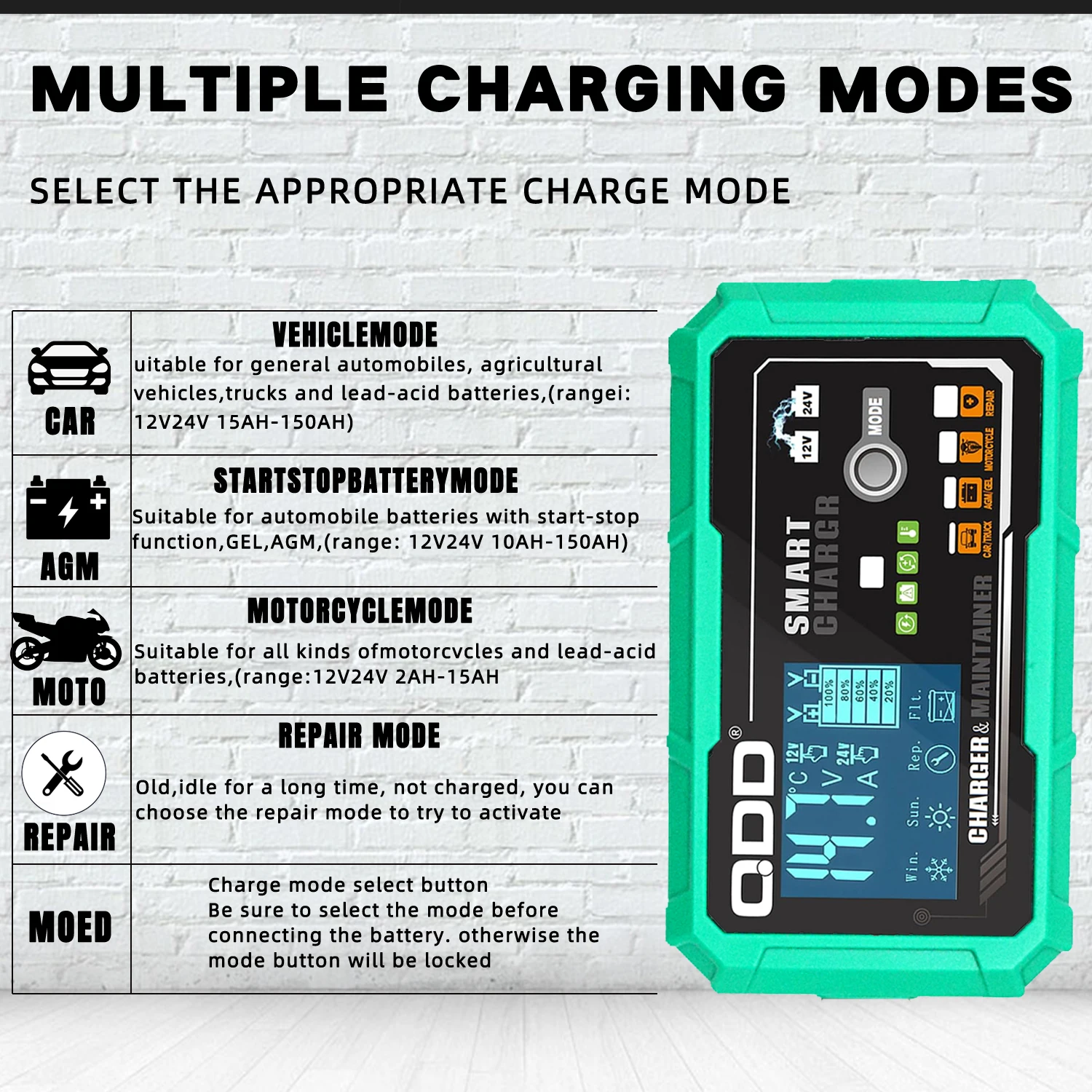 QDD Car Battery Charger 12V 24V/ 3A 2ASmart Battery Trickle Charger Automotive 12V for Car Truck Motorcycle Lead Acid Batteries