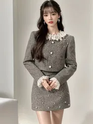 French Style Lace Edge Short Jacket Half Skirt Set Feminine Elegant Sweet Jacket with a Line Mini Skirt Set