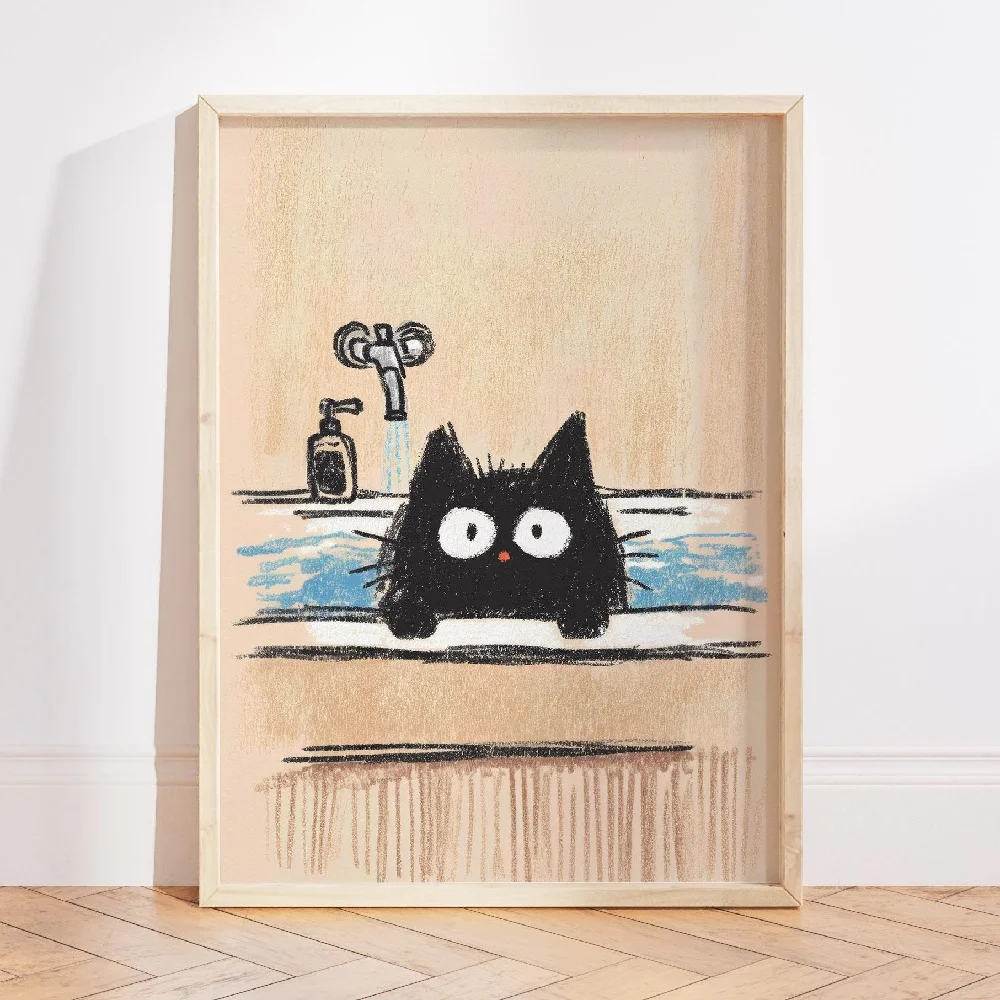 Retro Cute Cartoon Black Cat Dog in The Bathroom Toilet Print Canvas Painting Wall Art Poster Picture Home Decor Mural Cuadros